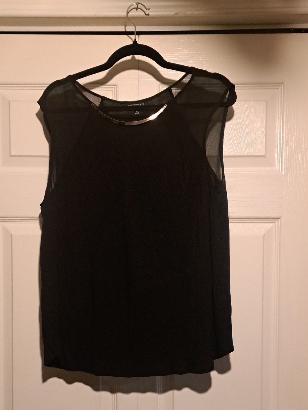 Ellen Tracy Black Sleeveless Sheer Yoke Top with Gold Neck Bar
